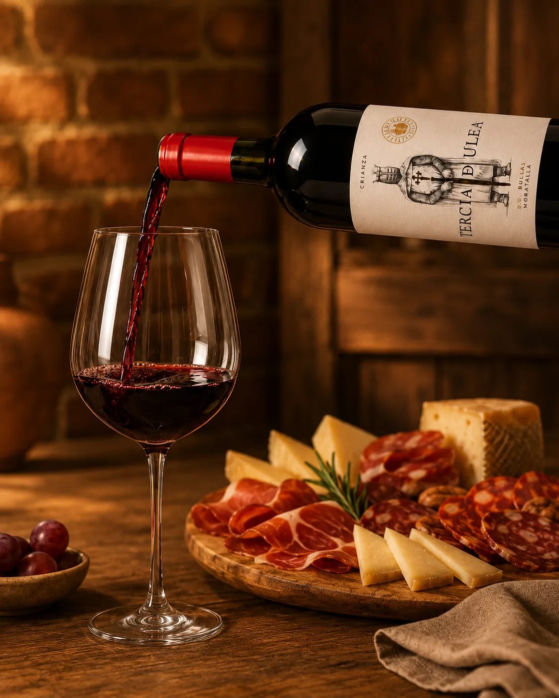 Copa de vino Tercia de Ulea servida con tabla de quesos y embutidos en Moratalla