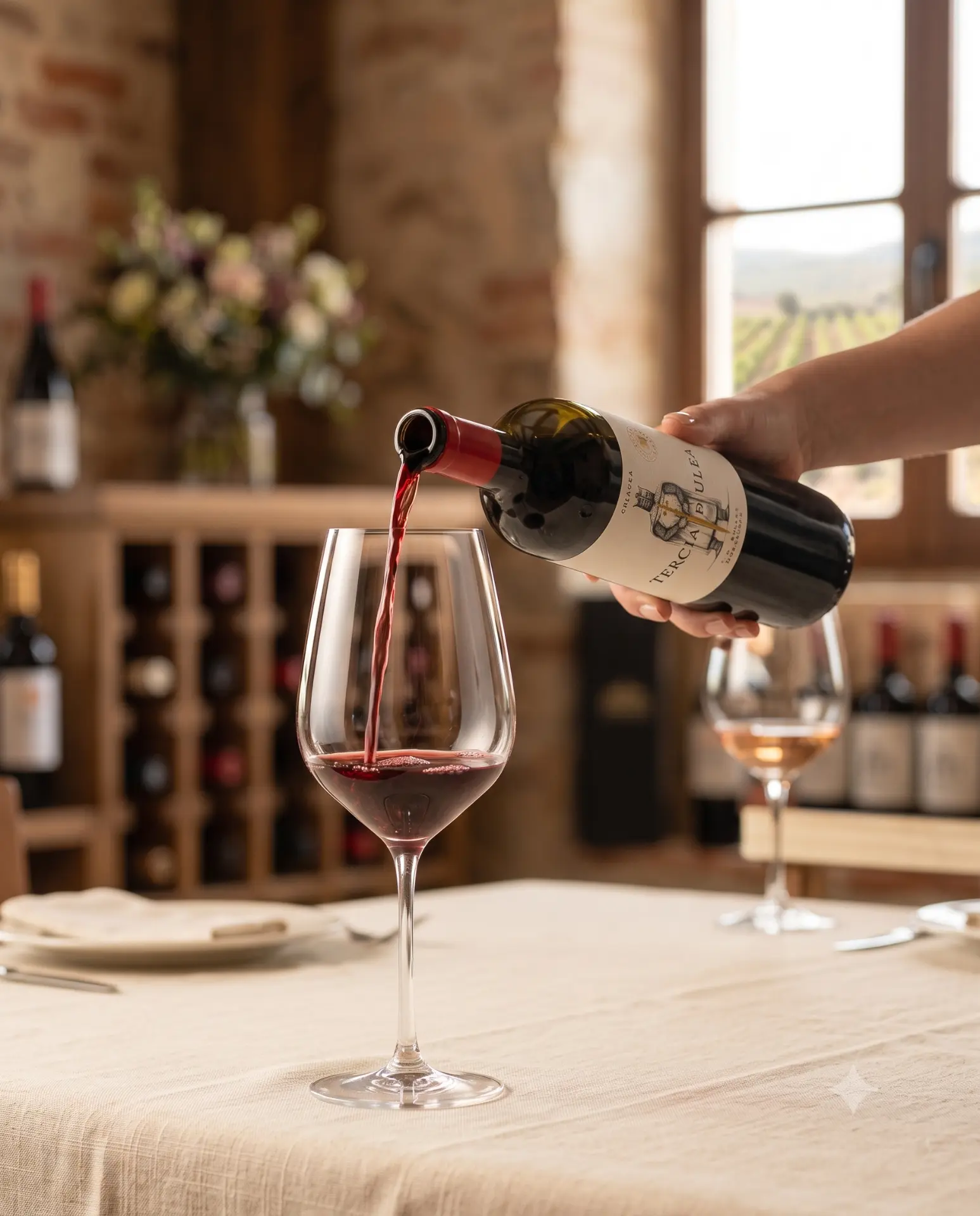 Servicio de una copa de vino tinto Tercia de Ulea en la bodega de Moratalla